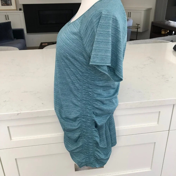 Eddie Bauer Sunwashed Stripe SS Scoop Neck Long Top w Side Ruching Green Sz M - Picture 8 of 12